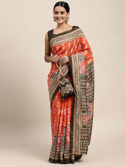 Women's Bhagalpuri Silk Orange Printed Celebrity Saree With Blouse Piece