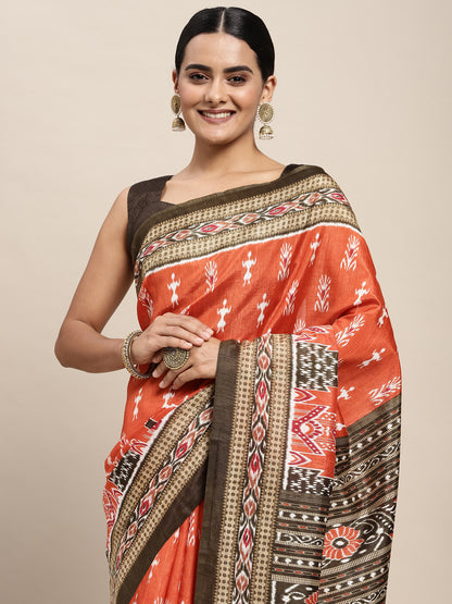 Women's Bhagalpuri Silk Orange Printed Celebrity Saree With Blouse Piece