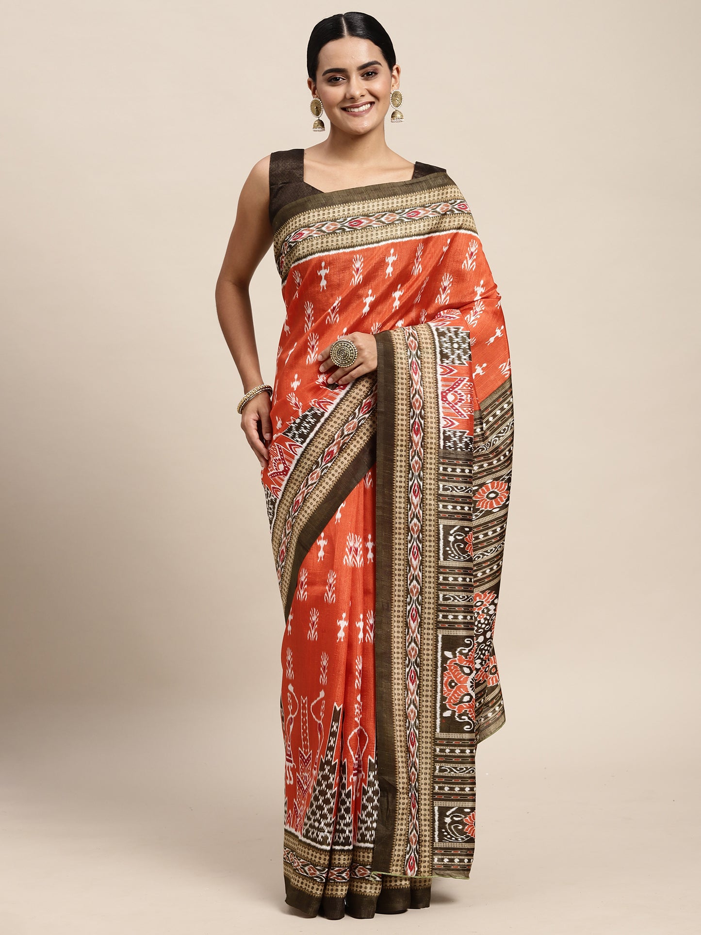 Women's Bhagalpuri Silk Orange Printed Celebrity Saree With Blouse Piece
