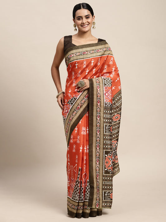 Women's Bhagalpuri Silk Orange Printed Celebrity Saree With Blouse Piece