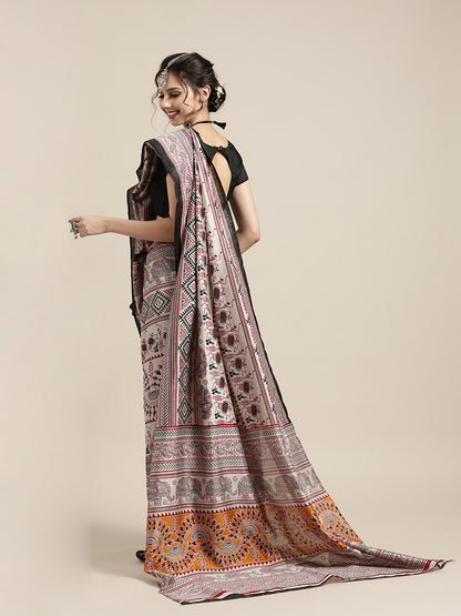 Women's Bhagalpuri Silk Grey Printed Designer Saree With Blouse Piece
