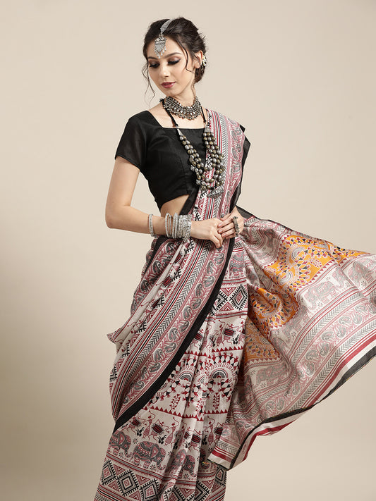 Women's Bhagalpuri Silk Grey Printed Designer Saree With Blouse Piece