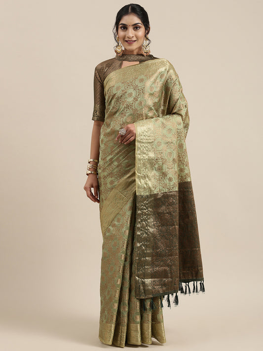 Women's Silk Blend Olive Woven Design Woven saree With Blouse Piece