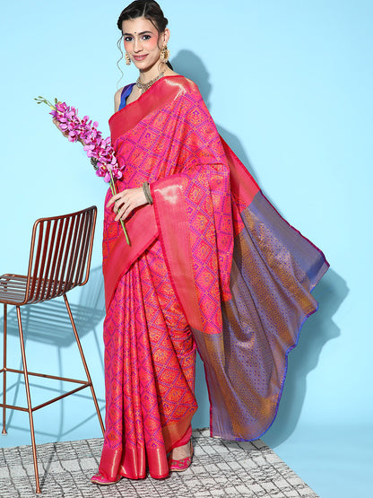 Women's Silk Blend Pink Woven Design Designer Saree With Blouse Piece