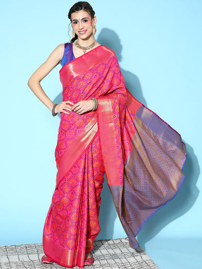 Women's Silk Blend Pink Woven Design Designer Saree With Blouse Piece