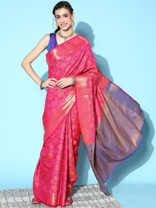 Women's Silk Blend Pink Woven Design Designer Saree With Blouse Piece