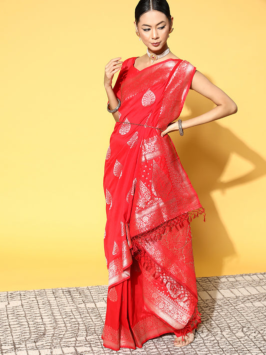 Women's Silk Blend Red Woven Design Celebrity Saree With Blouse Piece