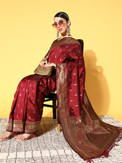 Women's Silk Blend Coffee Brown Woven Design Celebrity Saree With Blouse Piece