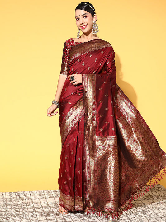Women's Silk Blend Coffee Brown Woven Design Celebrity Saree With Blouse Piece