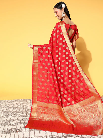 Women's Silk Blend Red Woven Design Celebrity Saree With Blouse Piece