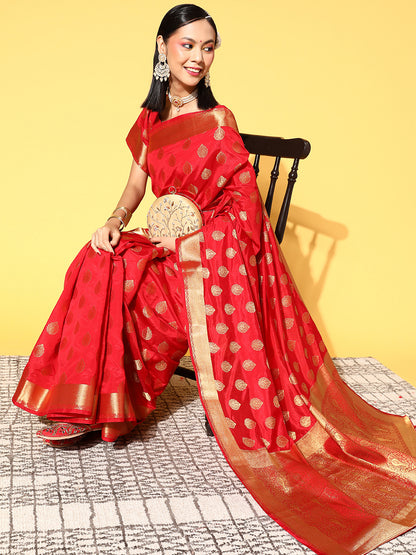 Women's Silk Blend Red Woven Design Celebrity Saree With Blouse Piece