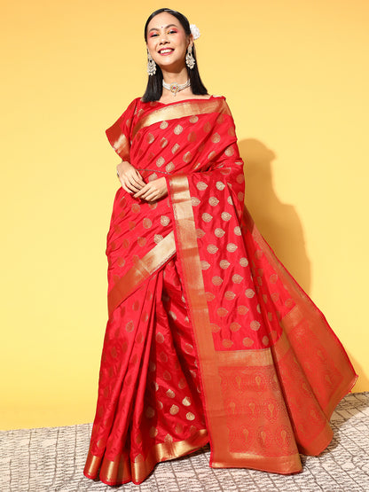Women's Silk Blend Red Woven Design Celebrity Saree With Blouse Piece