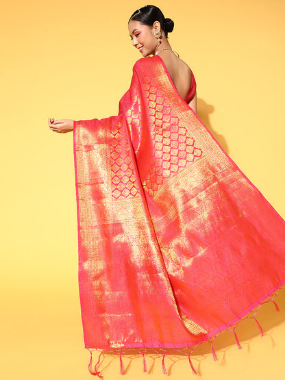 Women's Silk Blend Pink Woven Design Celebrity Saree With Blouse Piece