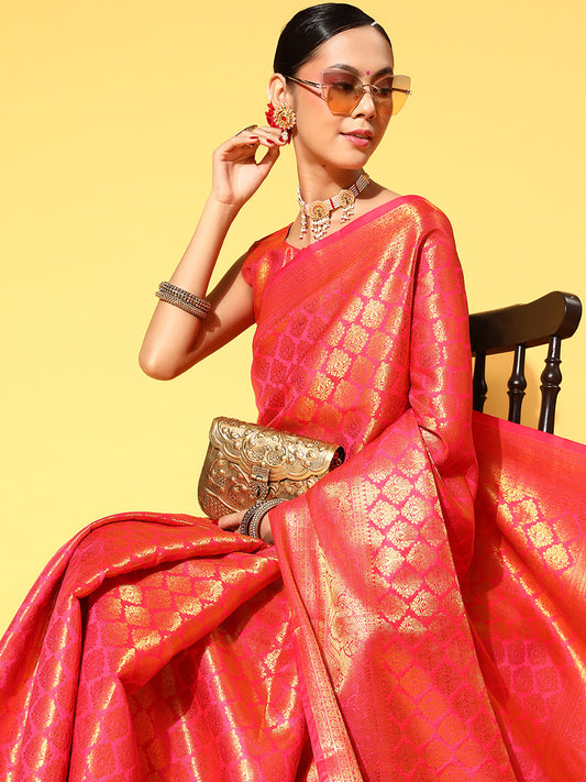 Women's Silk Blend Pink Woven Design Celebrity Saree With Blouse Piece