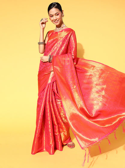 Women's Silk Blend Pink Woven Design Celebrity Saree With Blouse Piece