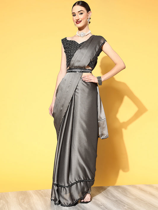 Women's Georgette Grey Embellished Belted Sarees With Blouse Piece