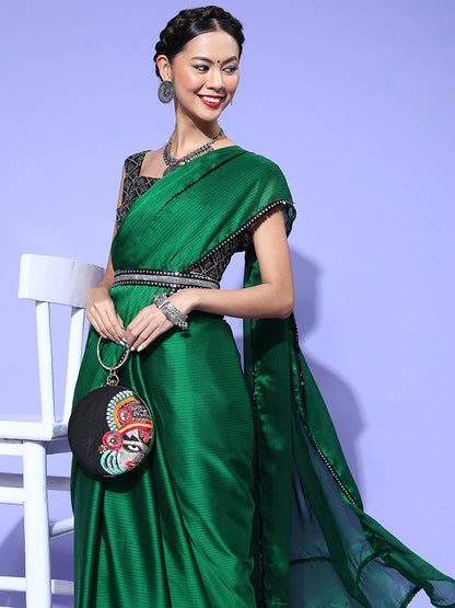 Women's Georgette Green Embellished Belted Sarees With Blouse Piece
