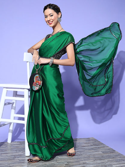 Women's Georgette Green Embellished Belted Sarees With Blouse Piece