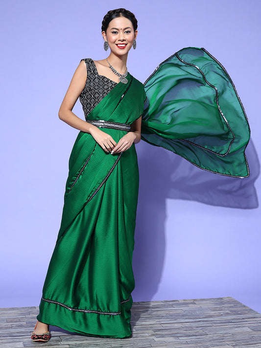 Women's Georgette Green Embellished Belted Sarees With Blouse Piece