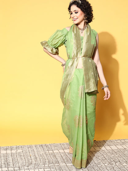 Women's Cotton Blend Green Woven Design Celebrity Saree With Blouse Piece