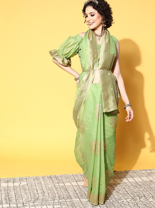 Women's Cotton Blend Green Woven Design Celebrity Saree With Blouse Piece