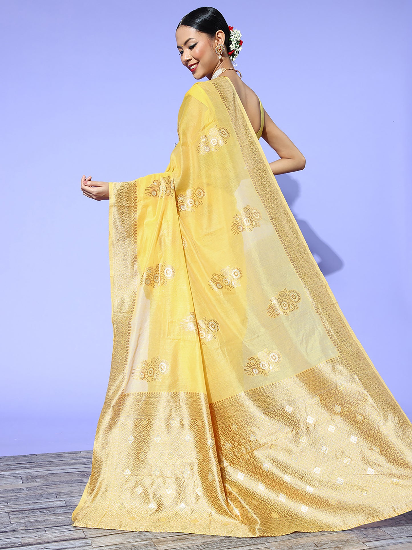 Women's Cotton Blend Yellow Woven Design Celebrity Saree With Blouse Piece