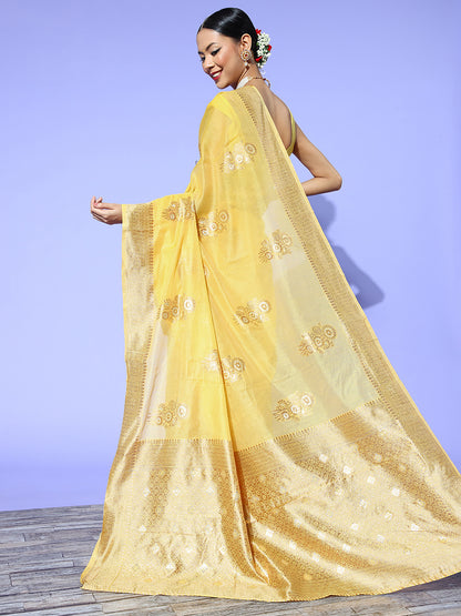 Women's Cotton Blend Yellow Woven Design Celebrity Saree With Blouse Piece