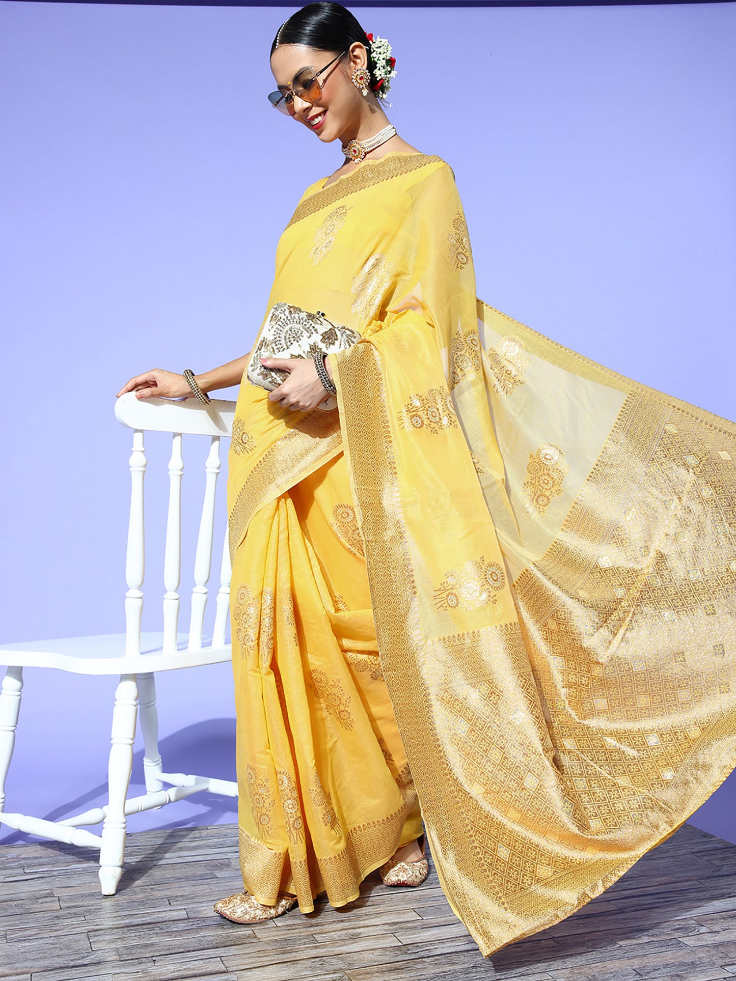 Women's Cotton Blend Yellow Woven Design Celebrity Saree With Blouse Piece