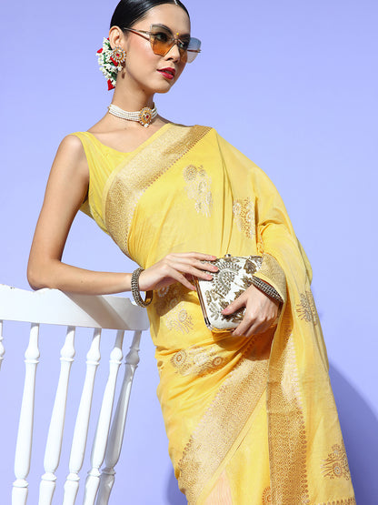 Women's Cotton Blend Yellow Woven Design Celebrity Saree With Blouse Piece
