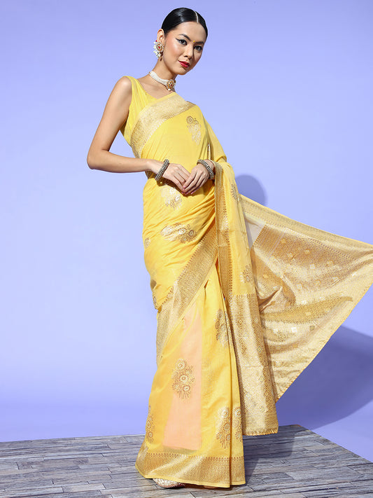 Women's Cotton Blend Yellow Woven Design Celebrity Saree With Blouse Piece