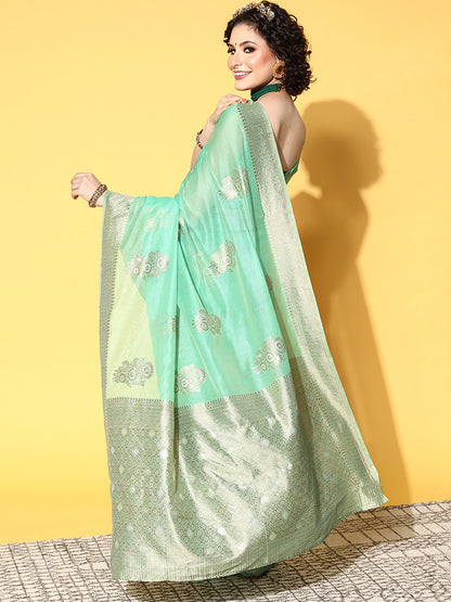 Women's Cotton Blend Turquoise Woven Design Celebrity Saree With Blouse Piece