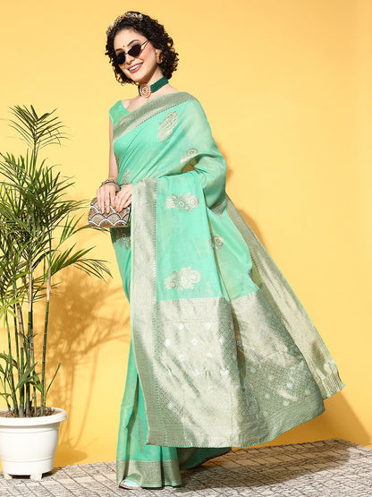 Women's Cotton Blend Turquoise Woven Design Celebrity Saree With Blouse Piece
