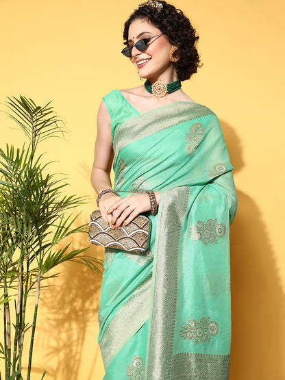 Women's Cotton Blend Turquoise Woven Design Celebrity Saree With Blouse Piece