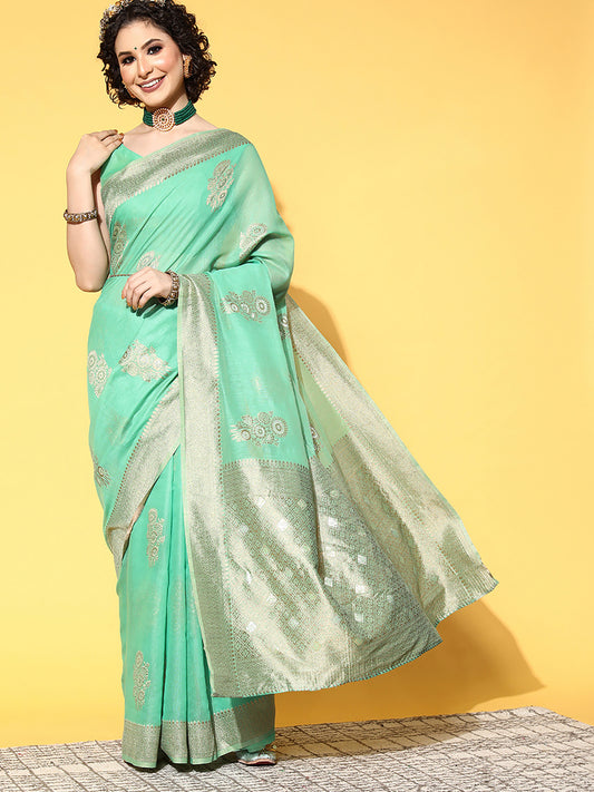 Women's Cotton Blend Turquoise Woven Design Celebrity Saree With Blouse Piece