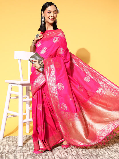 Women's Silk Blend Pink Woven Design Celebrity Saree With Blouse Piece