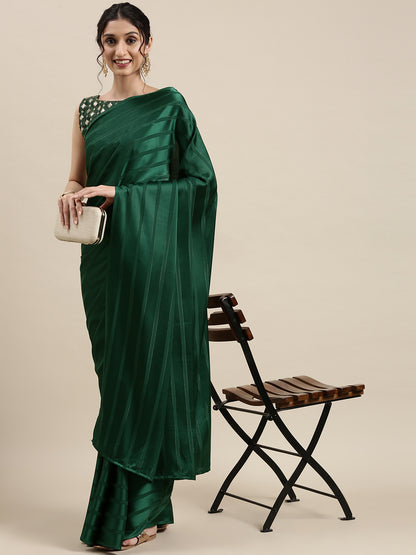 Women's Satin Green Solid Designer Saree With Blouse Piece