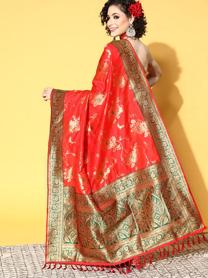 Women's Silk Blend Red Woven Design Celebrity Saree With Blouse Piece