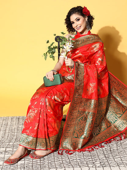 Women's Silk Blend Red Woven Design Celebrity Saree With Blouse Piece