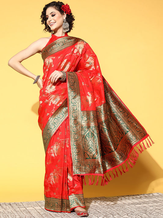Women's Silk Blend Red Woven Design Celebrity Saree With Blouse Piece