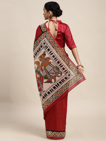 Women's Bhagalpuri Silk Maroon Printed Celebrity Saree With Blouse Piece