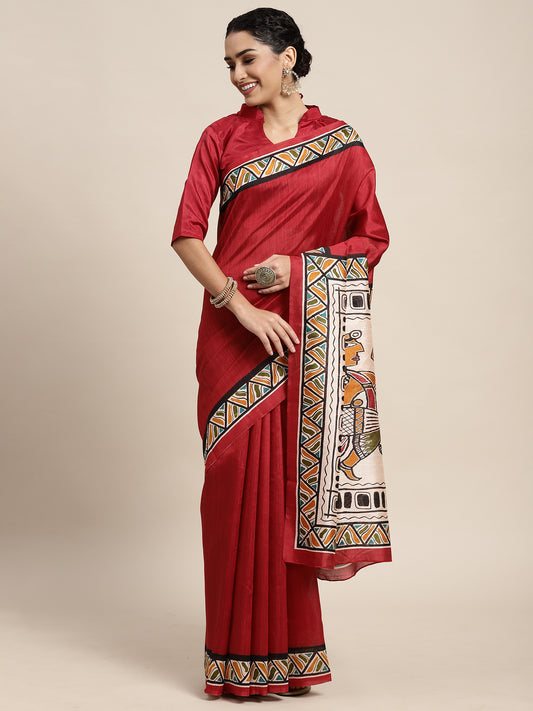 Women's Bhagalpuri Silk Maroon Printed Celebrity Saree With Blouse Piece