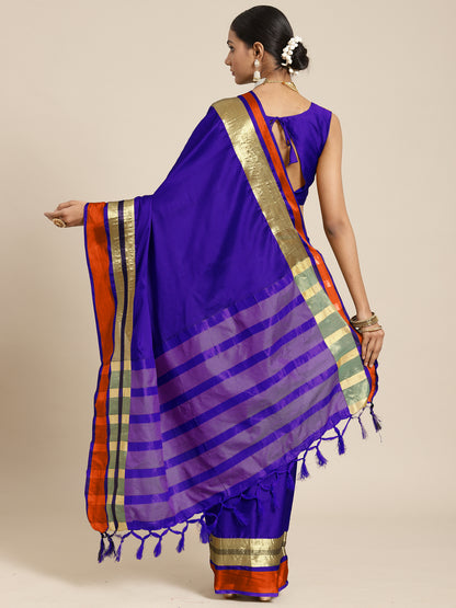 Women's Aura Silk Blue Woven Design Designer Saree With Blouse Piece
