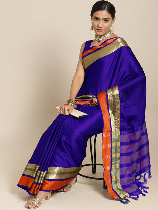 Women's Aura Silk Blue Woven Design Designer Saree With Blouse Piece