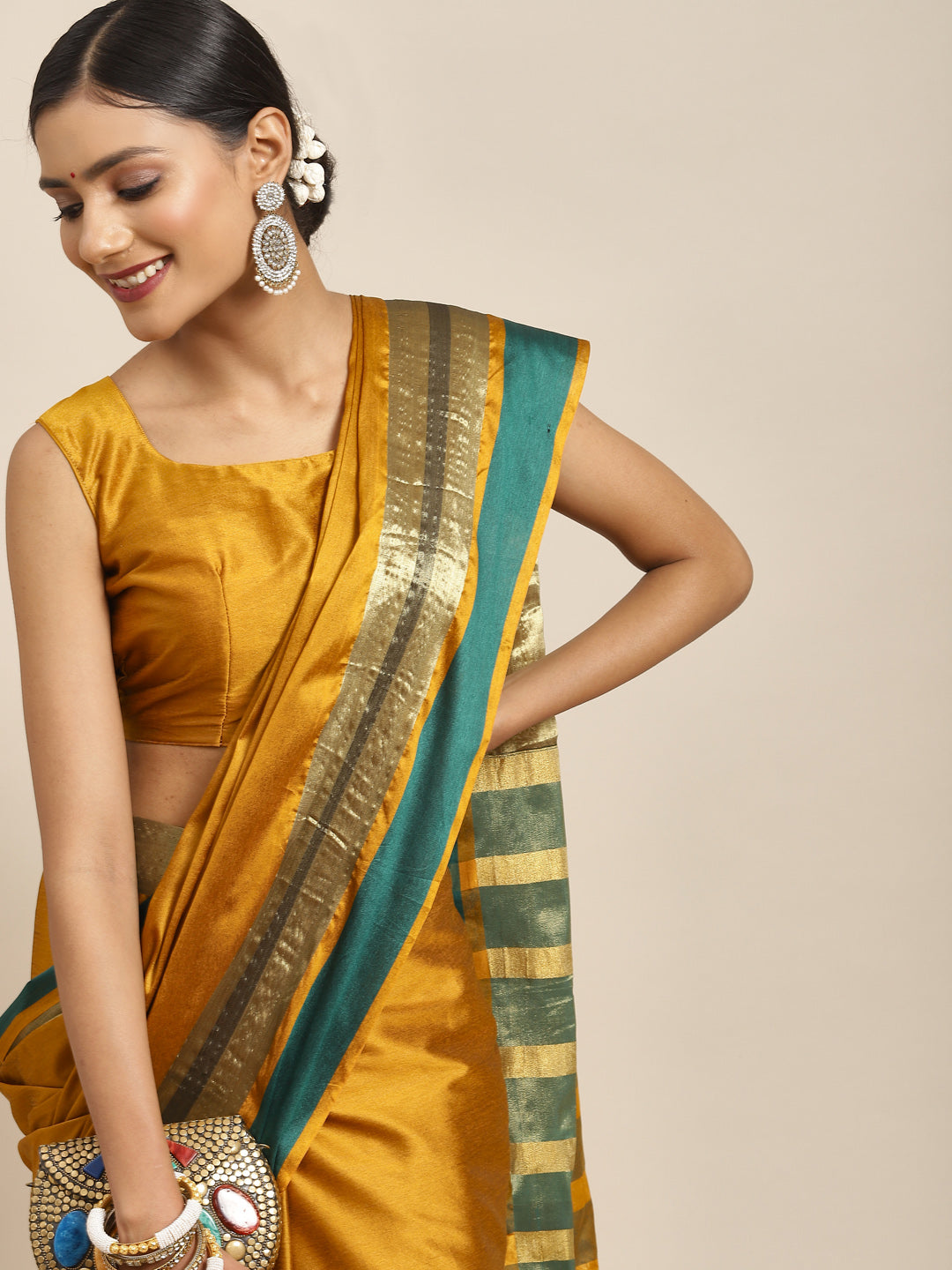 Women's Aura Silk Mustard Woven Design Designer Saree With Blouse Piece