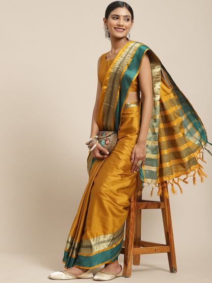Women's Aura Silk Mustard Woven Design Designer Saree With Blouse Piece