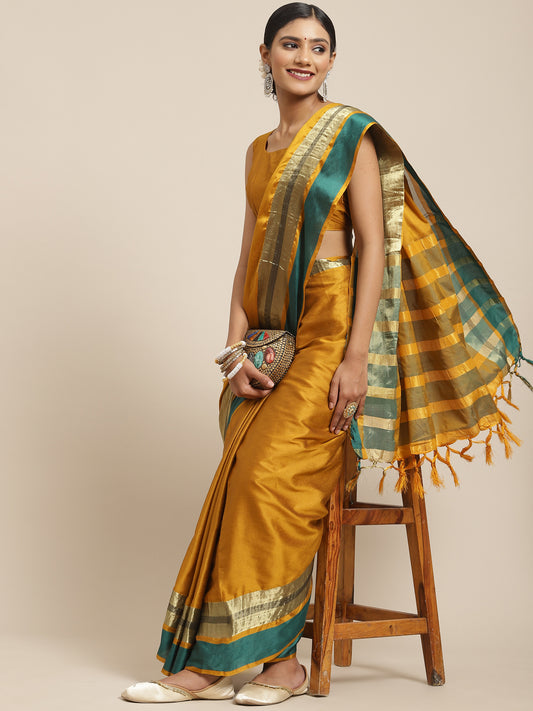 Women's Aura Silk Mustard Woven Design Designer Saree With Blouse Piece