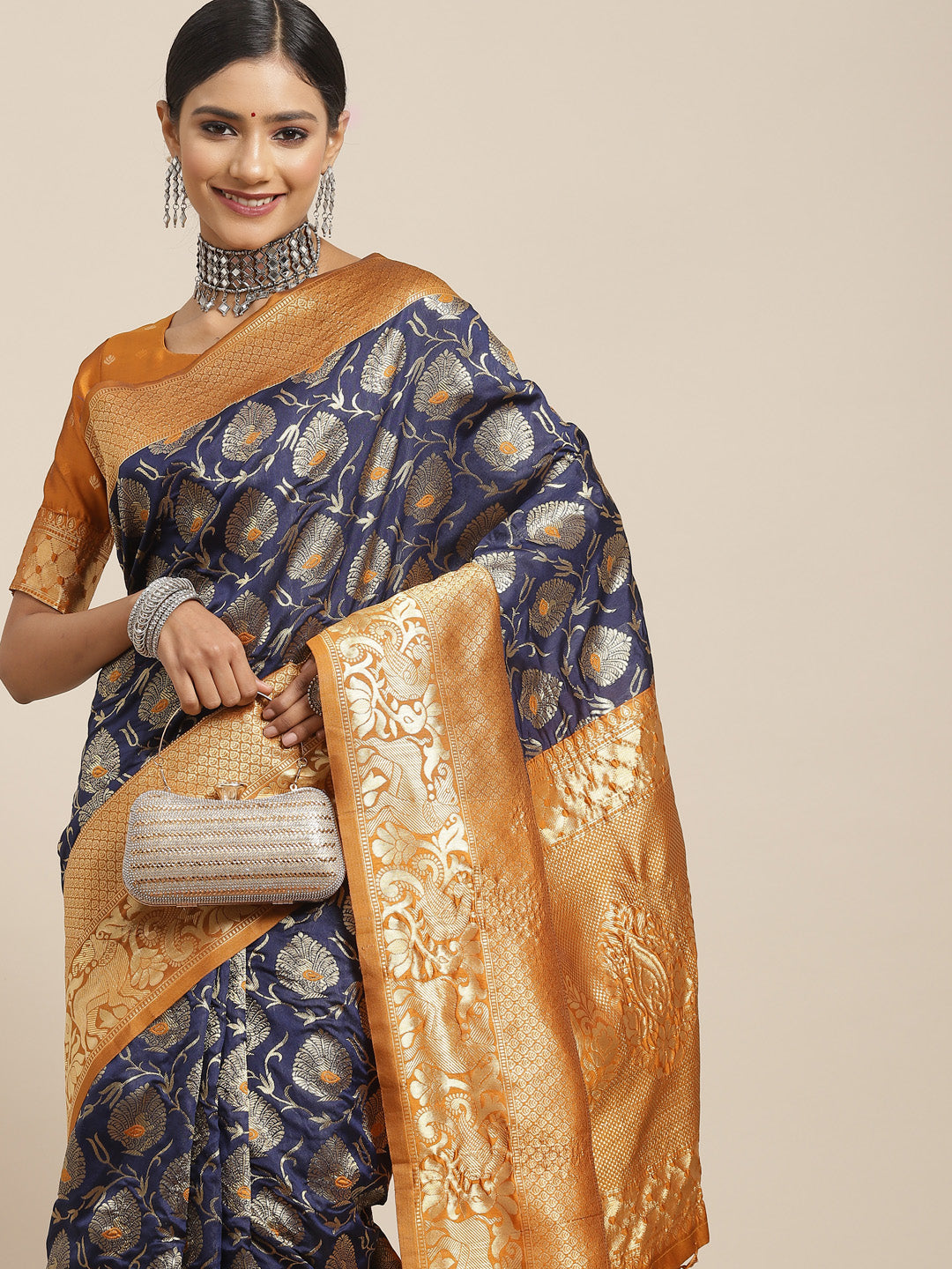 Women's Silk Blend Navy Blue Woven Design Woven saree With Blouse Piece
