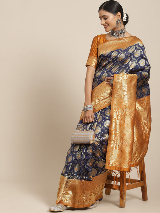 Women's Silk Blend Navy Blue Woven Design Woven saree With Blouse Piece