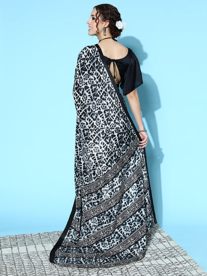 Women's Crepe Black Digital Print Designer Saree With Blouse Piece