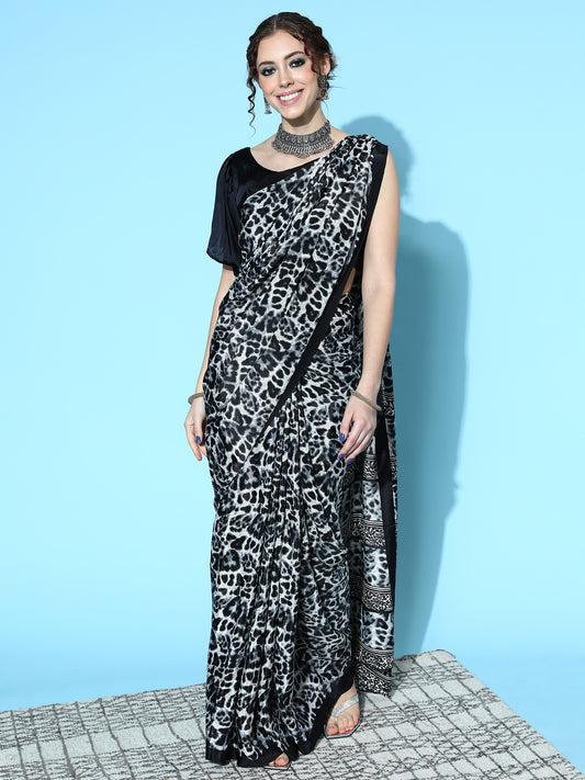 Women's Crepe Black Digital Print Designer Saree With Blouse Piece